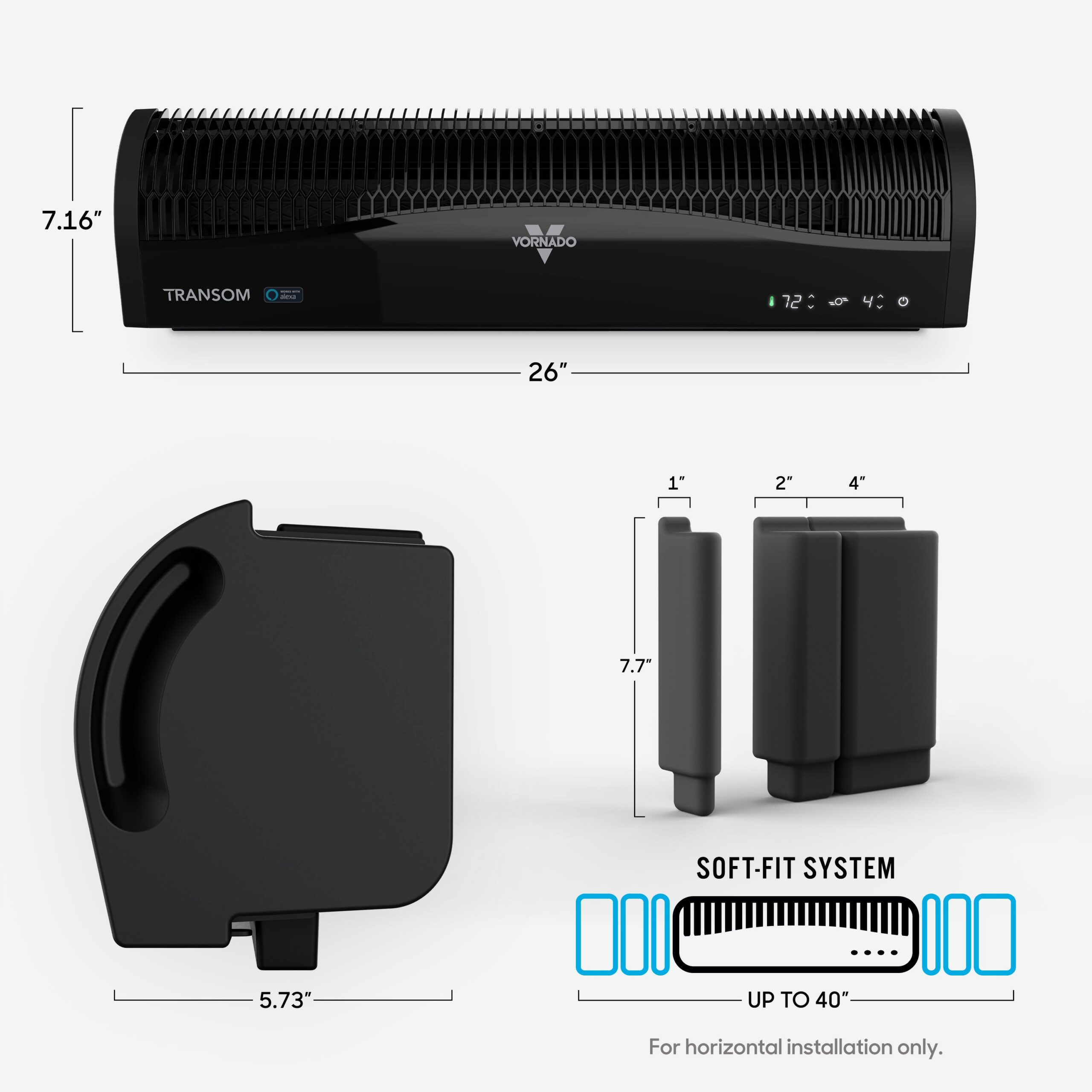 Vornado Transom Soft-fit seal system and dimensions diagram