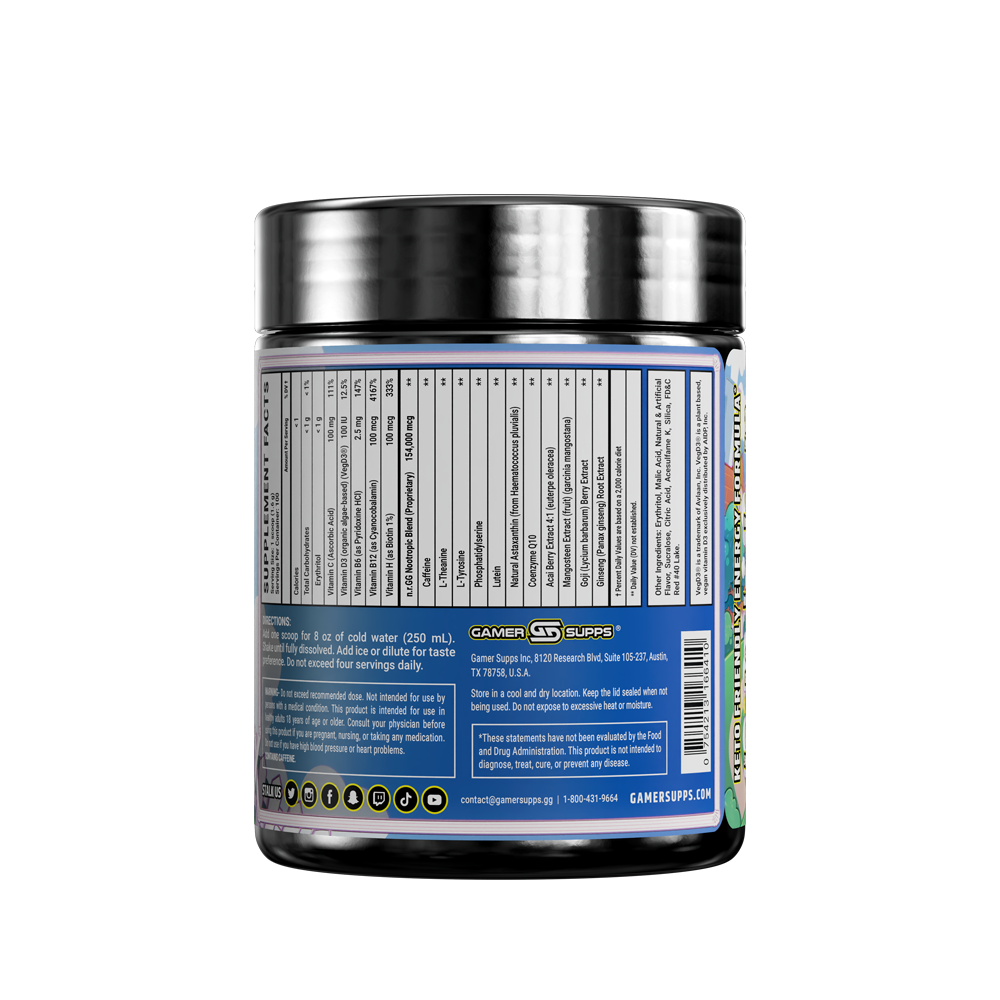 Official Gamer Supps Goof Juice label showing the GG Energy supplement panel
