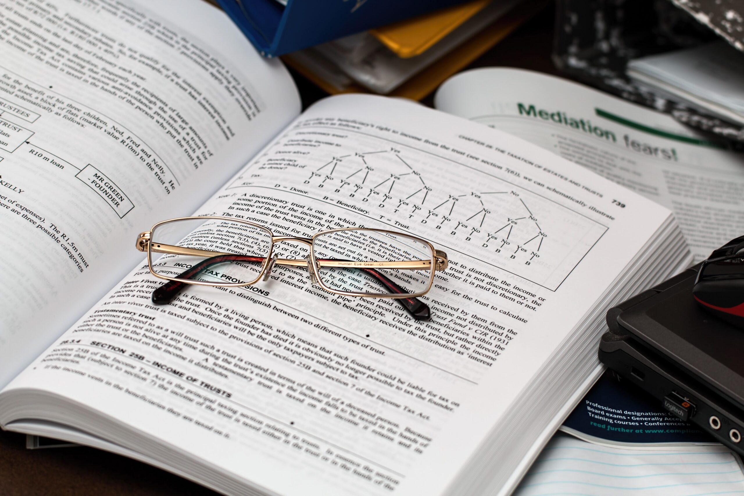 Eyeglasses resting on an opened book