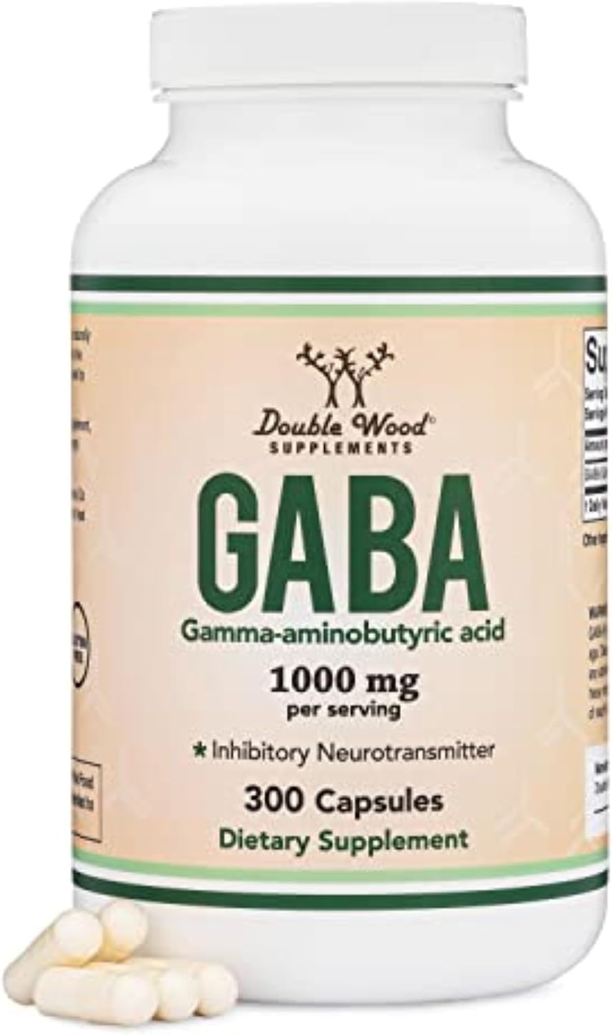 Double Wood GABA supplement bottle, 300 capsules of 1000mg GABA