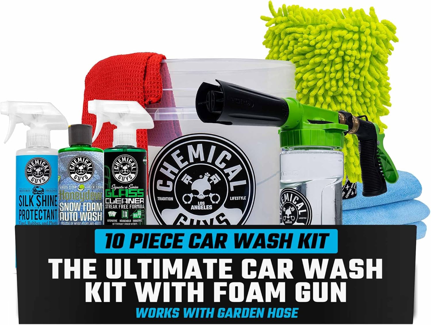 Chemical Guys car wash kit with foam gun, bucket, car wash soap and detailing supplies