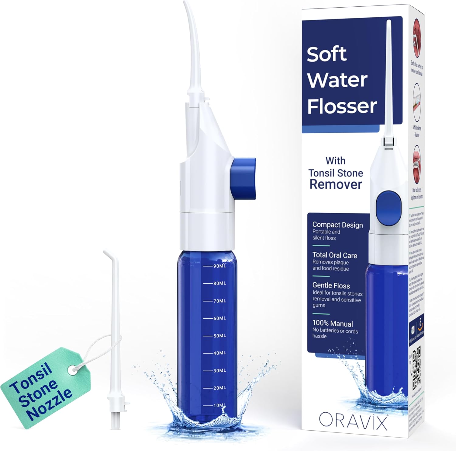 Oravix Dental Water Flosser, Tonsil Stone Remover, Gentle Oral Irrigator for Sensitive Teeth and Gums, Kids Manual Water Flosser, No Electricity or Batteries