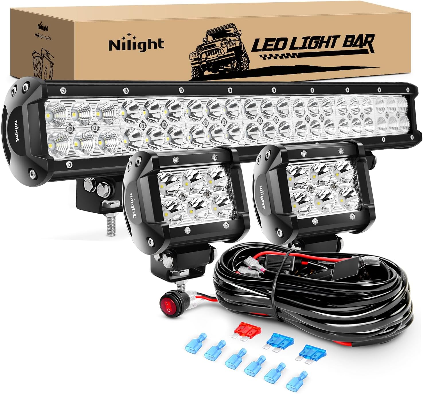 Nilight ZH002 20 inch 126W spot flood combo off road LED light bar kit with two 4 inch pods and 16AWG wiring harness
