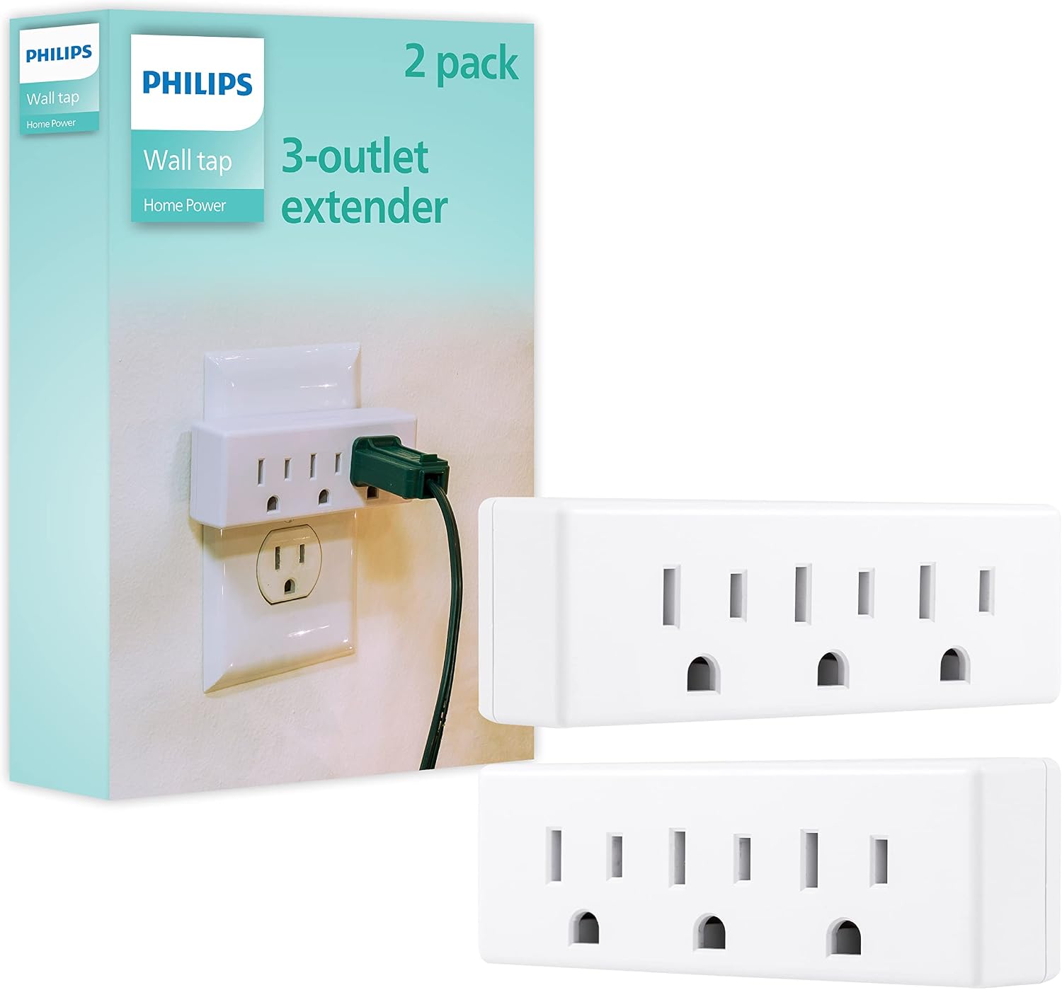 PHILIPS Outlet Extender, 2 Pack, 3 Outlet Multi Plug Wall Power Splitter | 3 Prong Multiple Plug Wall Adapter, Electrical Expander, Home Office Dorm Essentials, UL Safety Listed, White, SPS1630W/37