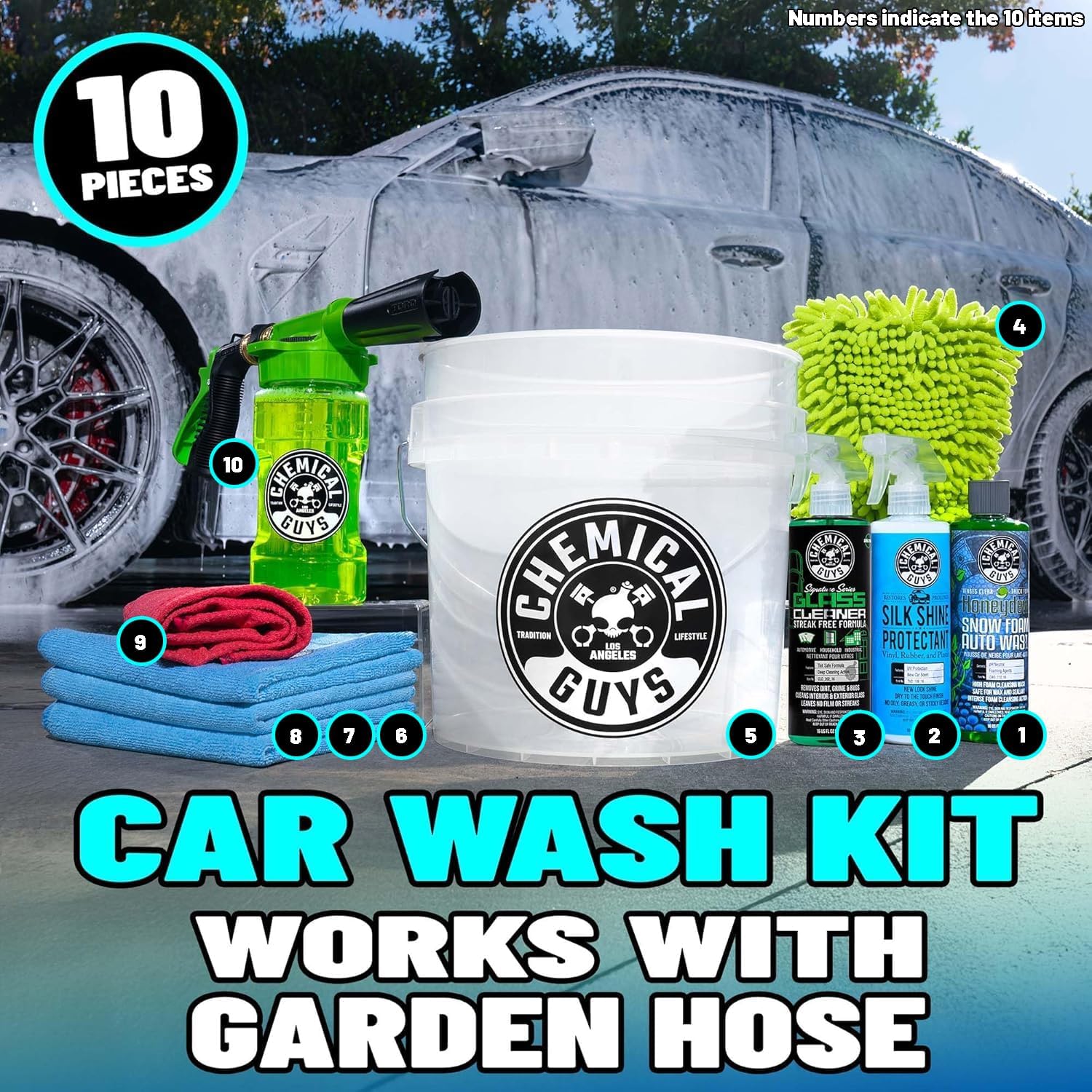 Chemical Guys car wash bucket and detailing kit on the driveway