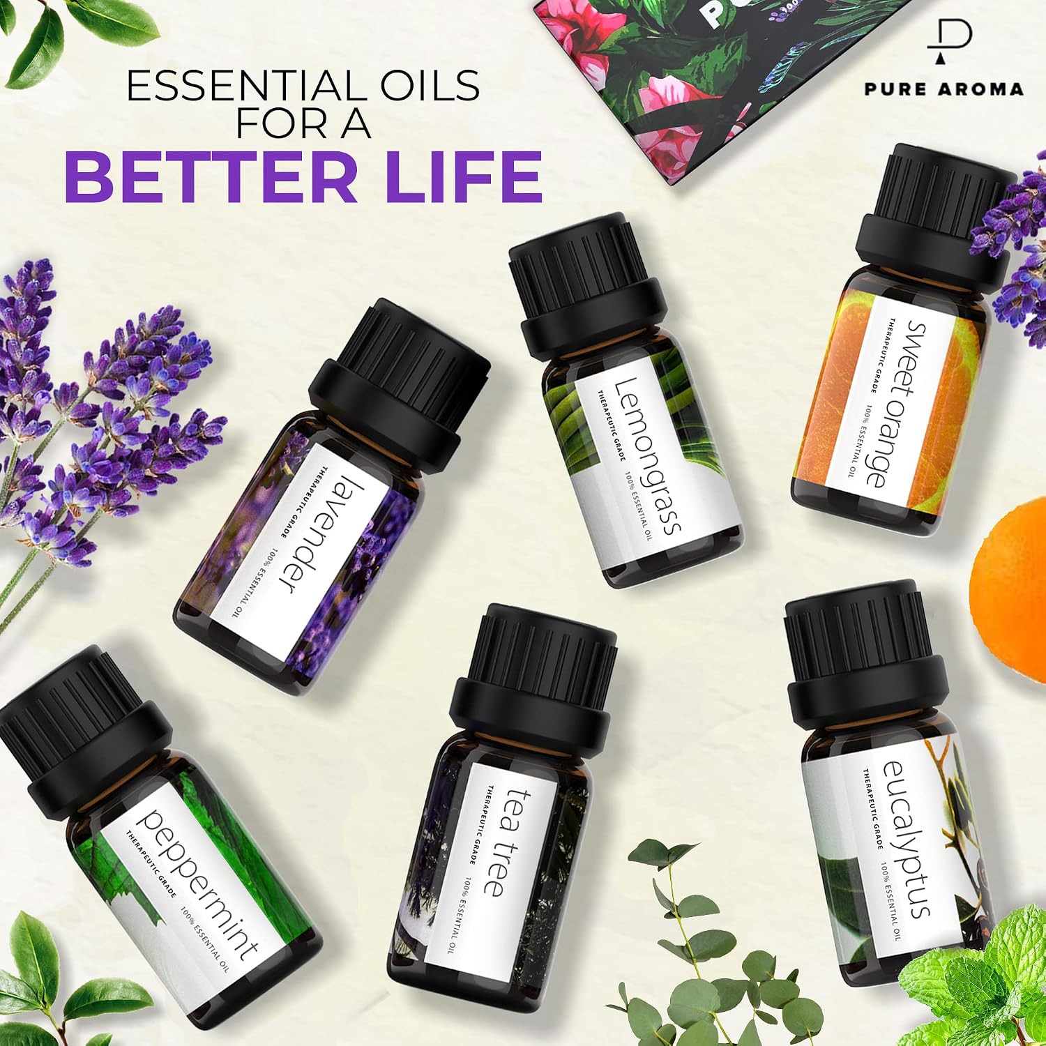 Pure Aroma Essential Oils Aromatherapy Set — 6 x 10ML oils