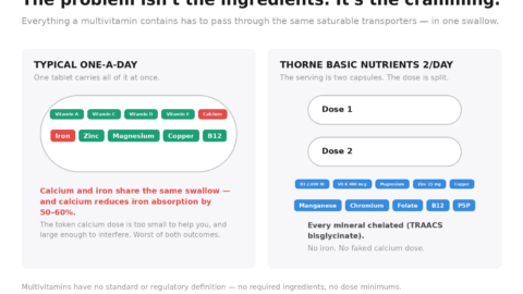 Comparison of a typical one-a-day multivitamin, which crams all nutrients into a single tablet, versus Thorne Basic Nutrients 2/Day, which splits its serving across two capsules and contains no iron