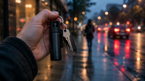 SABRE Advanced Compact pepper spray review — a compact pepper spray can clipped to a keyring with house keys at night